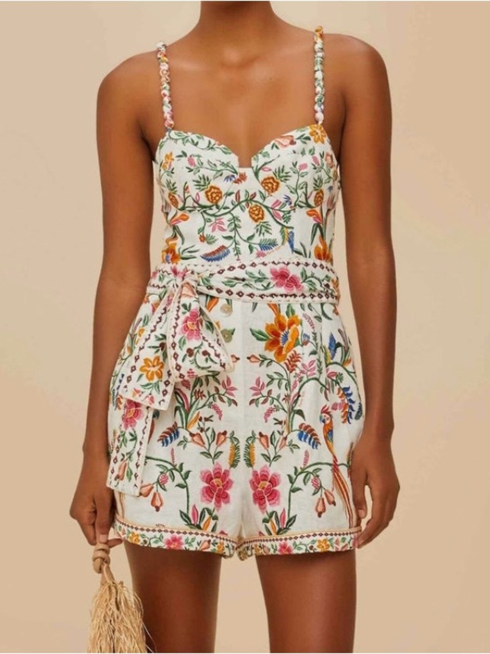 FARM Rio Ivory Romper with Multicolor Floral Embroidery